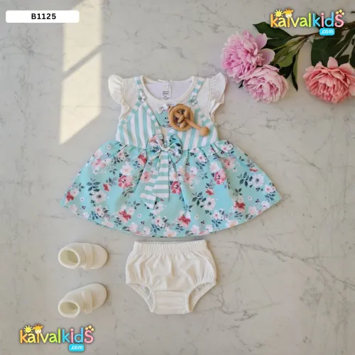 Baby Girls' Striped and Floral Flutter-Sleeve Dress and Bloomer Set - B 1122