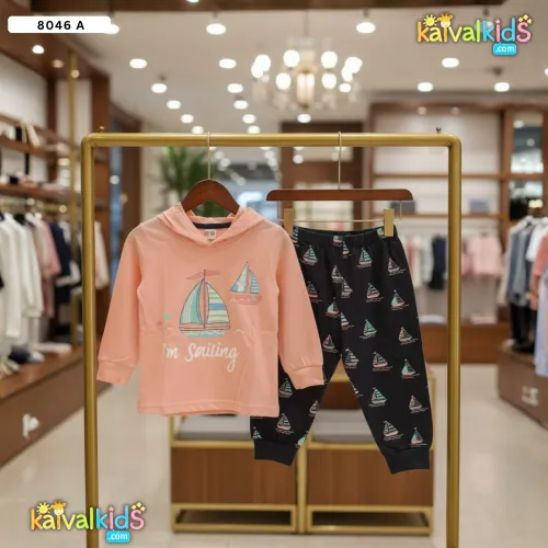 Kids Full-Sleeve Hooded Top and Printed Pajama Set - 8046 A