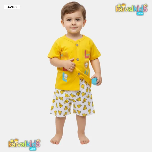 Baby Boys "HELLO!" Bear Graphic Button-Up Tee and Patterned Shorts Set - 4268