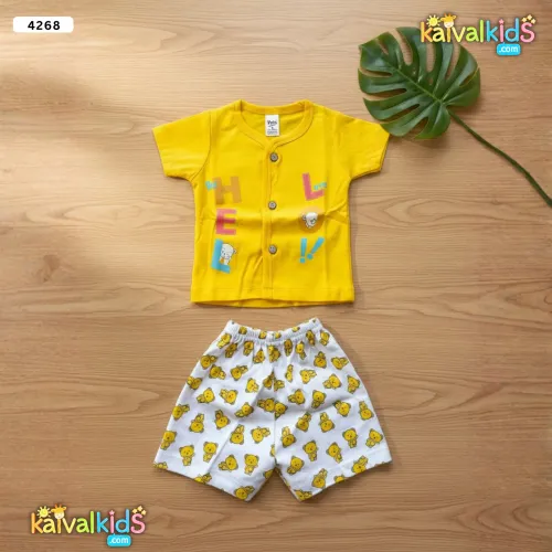 Baby Boys "HELLO!" Bear Graphic Button-Up Tee and Patterned Shorts Set - 4268