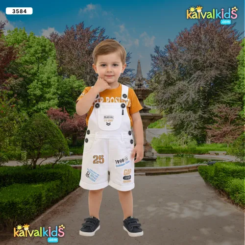 White Denim Dungaree and T-Shirt Set - 3584