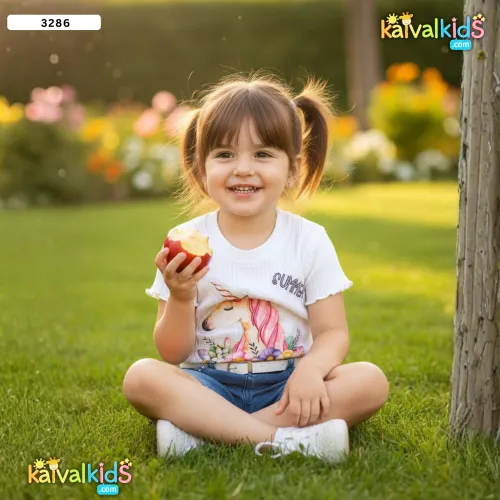 Girls Unicorn Graphic Ribbed Tee and Denim Shorts Set - 3286