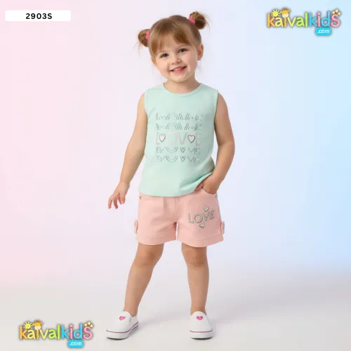 Girls Unicorn Ribbed T-Shirt and Belted Denim Shorts Set - 29039