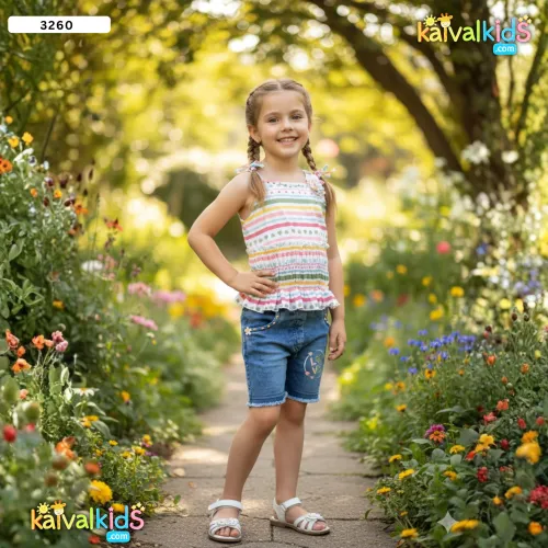 Girls Multi-Color Striped Smocked Top and Denim Shorts Set - 3260