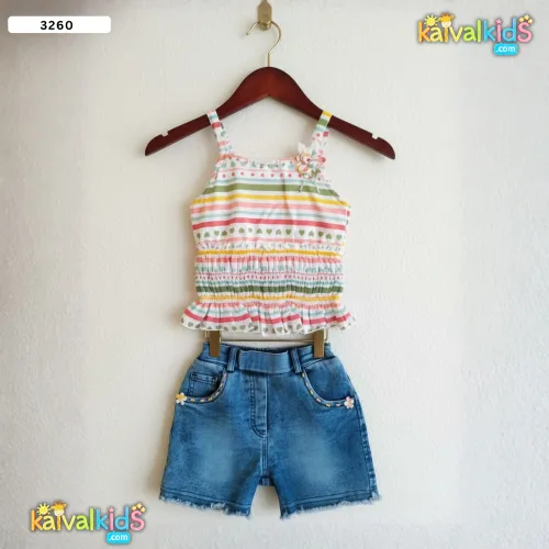Girls Multi-Color Striped Smocked Top and Denim Shorts Set - 3260