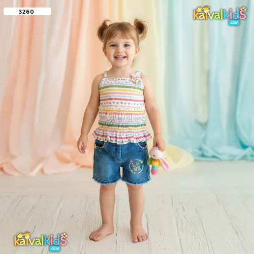 Girls Multi-Color Striped Smocked Top and Denim Shorts Set - 3260