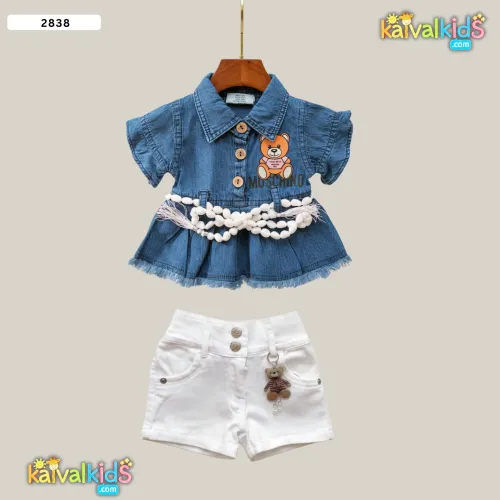 Girls Denim Top and White Shorts Set - 2838