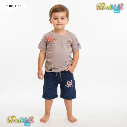 Boys Graphic T-Shirt and Denim Shorts Two-Piece Set - T-82