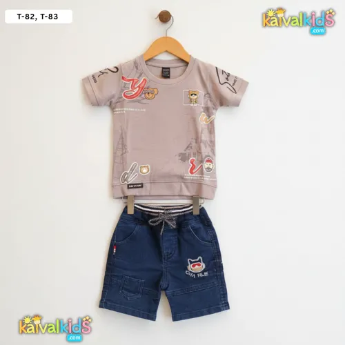 Boys Graphic T-Shirt and Denim Shorts Two-Piece Set - T-82