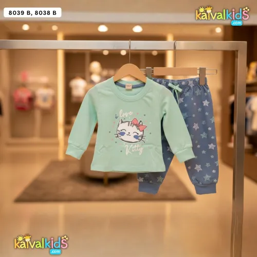 Girl Suit set Kitty Print T-Shirt and Star Pants 8039 B