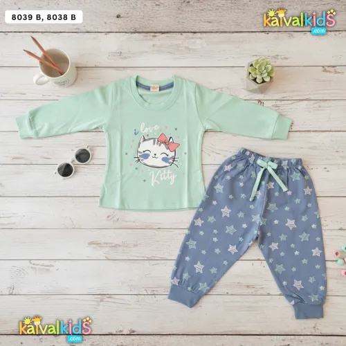 Girl Suit set Kitty Print T-Shirt and Star Pants 8039 B