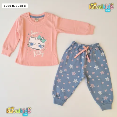 Girl Suit set Kitty Print T-Shirt and Star Pants 8039 B