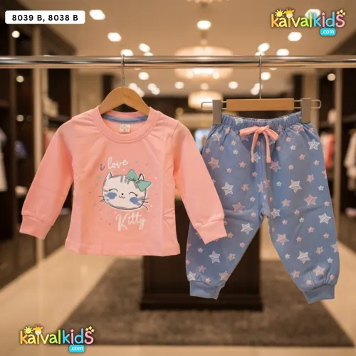 Girl Suit set Kitty Print T-Shirt and Star Pants 8039 B