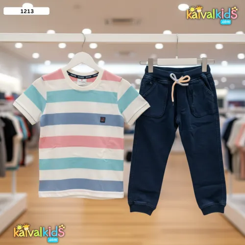 T-Shirt with Navy Blue Jogger Pants Set - 1213