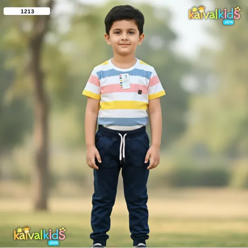 T-Shirt with Navy Blue Jogger Pants Set - 1213