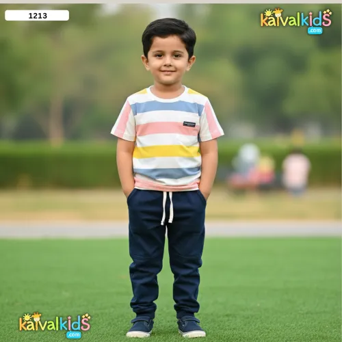 T-Shirt with Navy Blue Jogger Pants Set - 1213