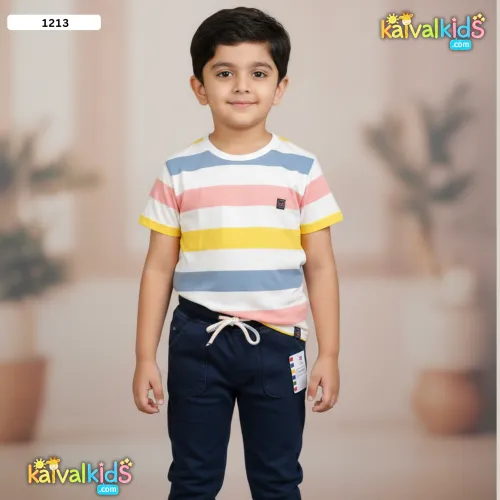 T-Shirt with Navy Blue Jogger Pants Set - 1213